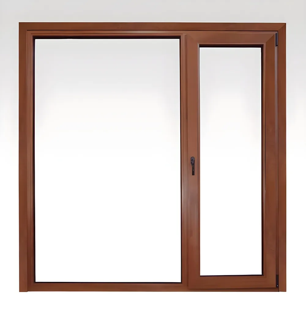 Ventana patagónica rebatible simple + paño fijo, color roble dorado