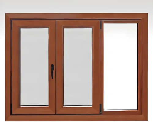 Ventana rebatible con oscilobatiente y paño fijo, color roble dorado