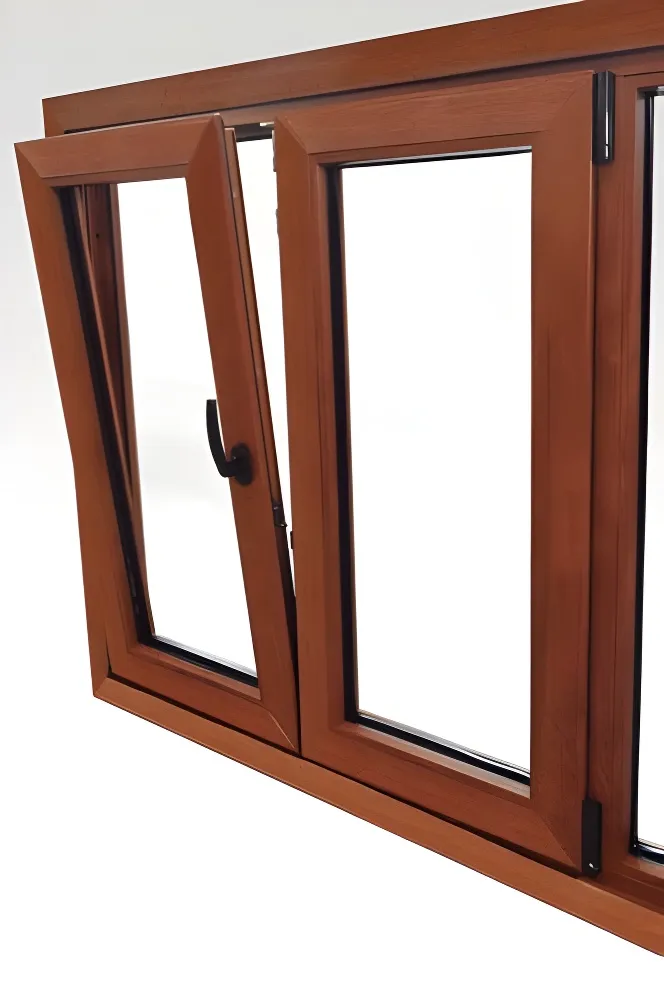 Ventana rebatible con oscilobatiente y paño fijo, color roble dorado (detalle)
