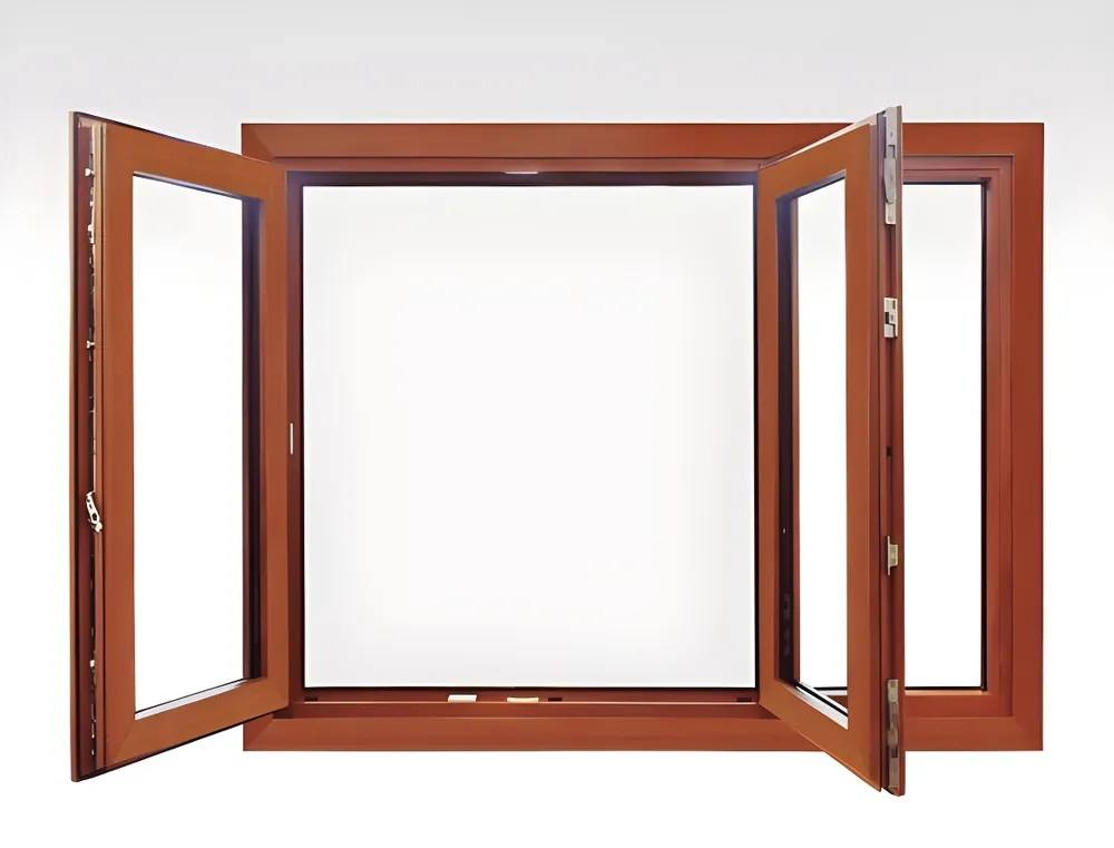 Ventana rebatible con oscilobatiente y paño fijo, color roble dorado (detalle)