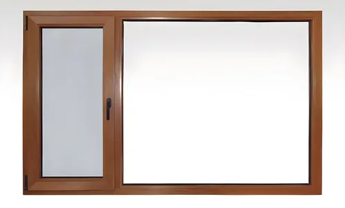 Ventana patagónica oscilobatiente + paño fijo + mosquitero, color roble dorado