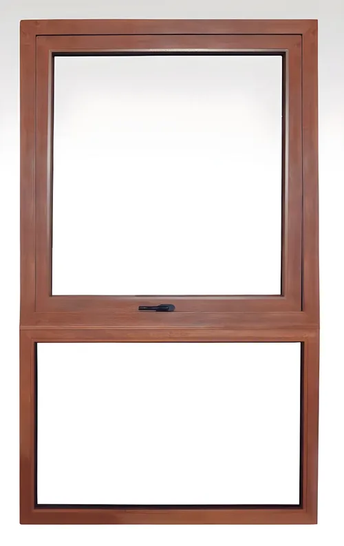 Ventana proyectante con paño fijo., color roble dorado