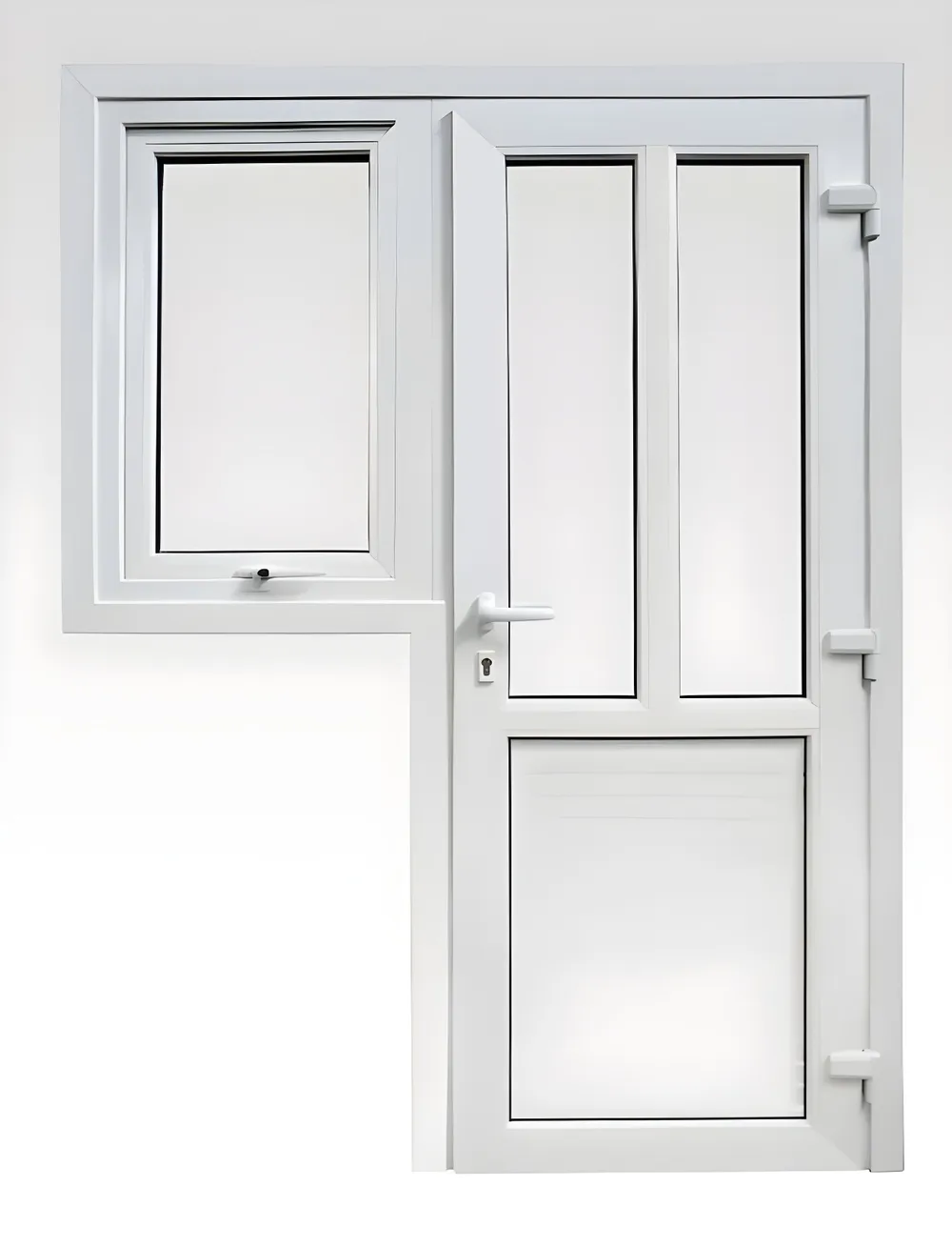 Puerta con ventana proyectante acoplada (1/2 revestimiento, 1/2 vidrio), color blanco