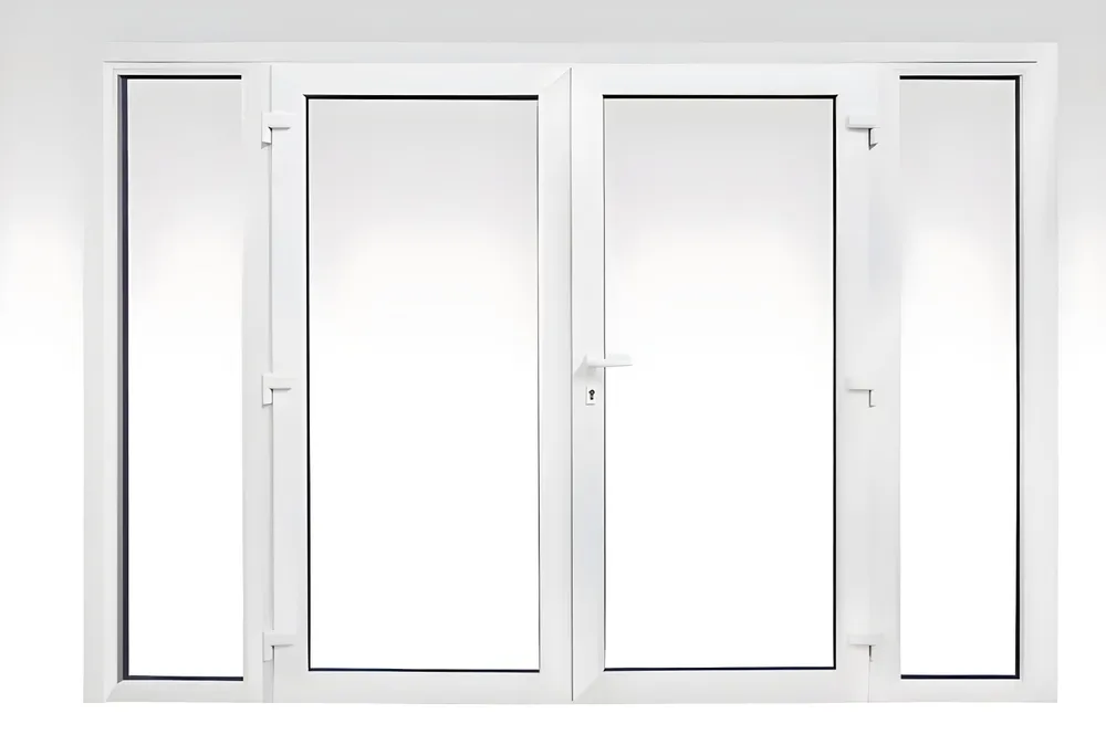 Puerta de 2 hojas con paños fijos laterales (todo vidrio), color blanco