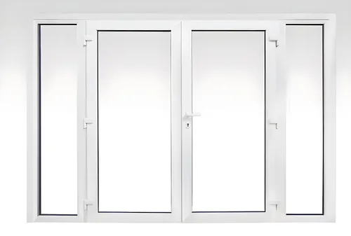 Puerta de 2 hojas con paños fijos laterales (todo vidrio), color blanco