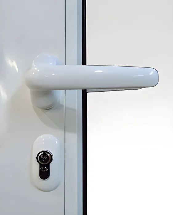 Puerta de 2 hojas con paños fijos laterales (todo vidrio), color blanco (detalle)
