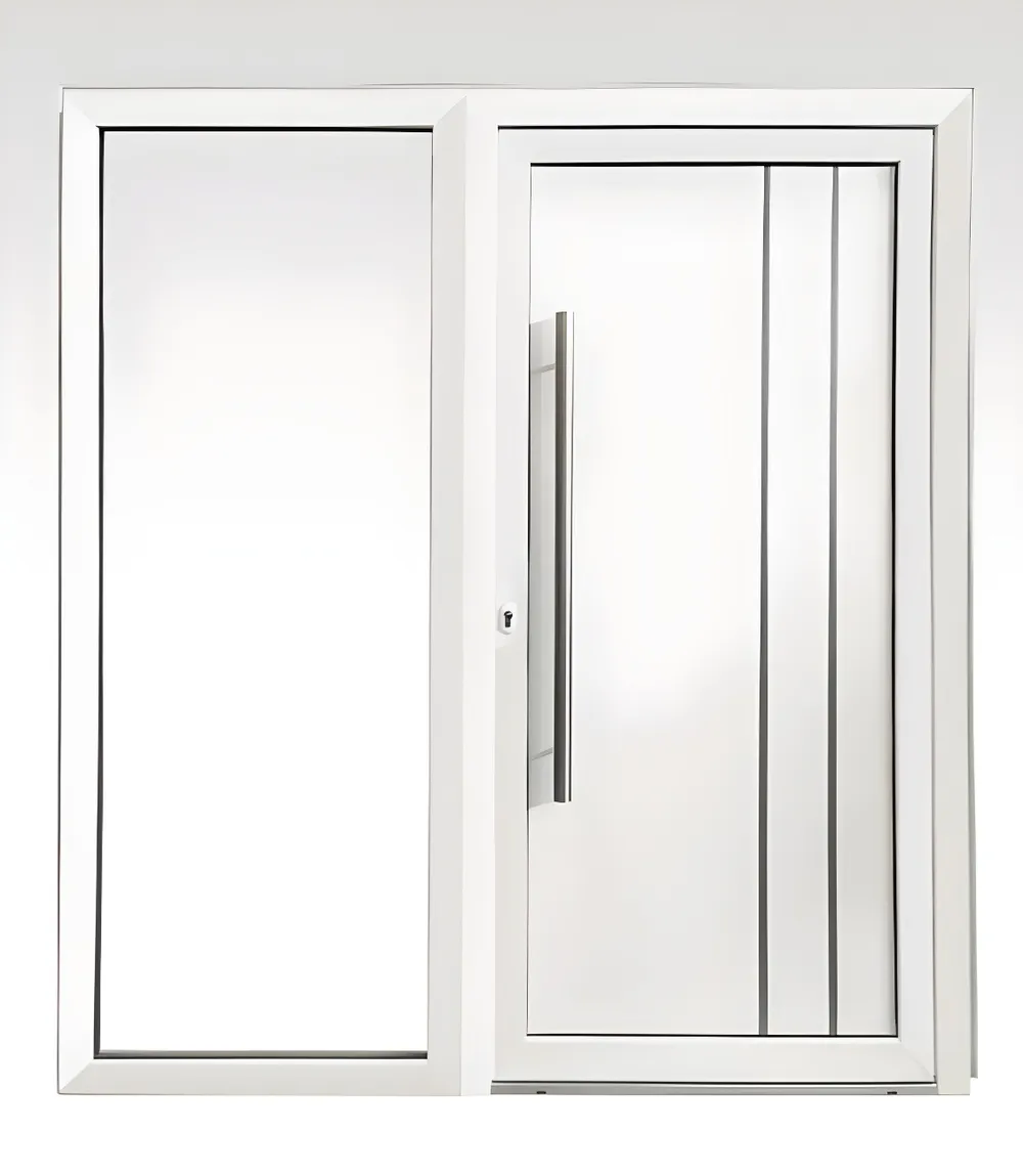 Puerta con paño fijo lateral, panel pampa con acentos verticales, color blanco