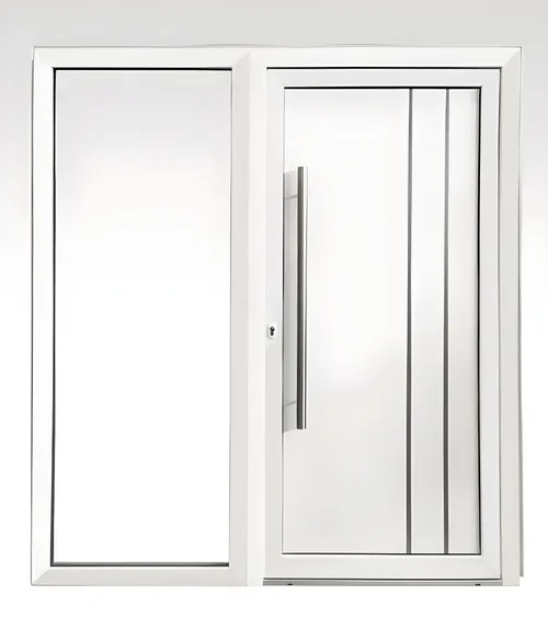 Puerta con paño fijo lateral, panel pampa con acentos verticales, color blanco