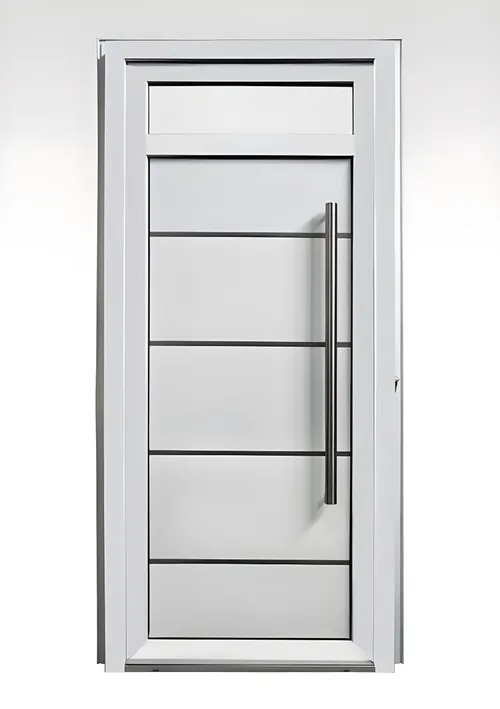 Puerta con paño fijo superior (transom), panel ranurado, color blanco