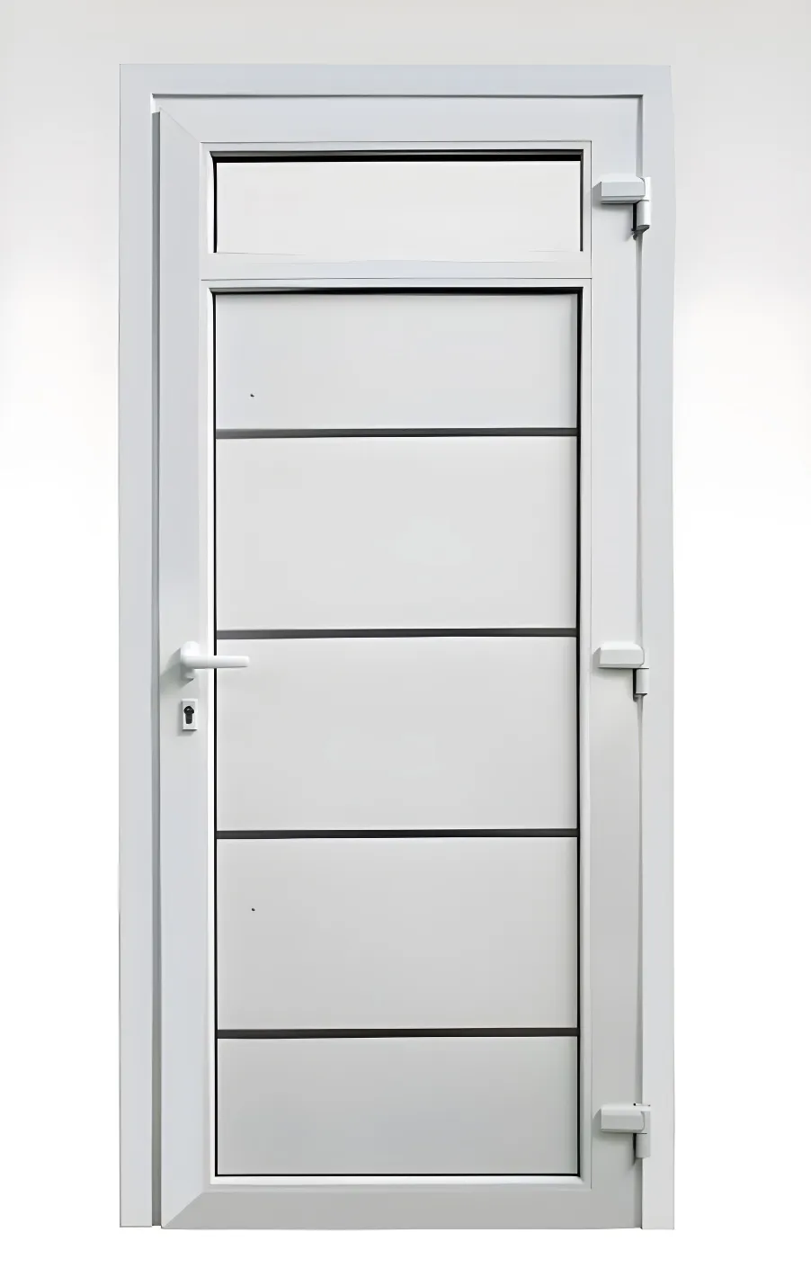 Puerta con paño fijo superior (transom), panel ranurado, color blanco (detalle)