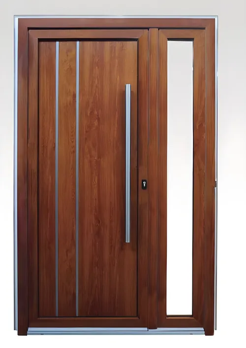 Puerta hoja y media con panel Pampa y hoja fija vidriada, color no especificado