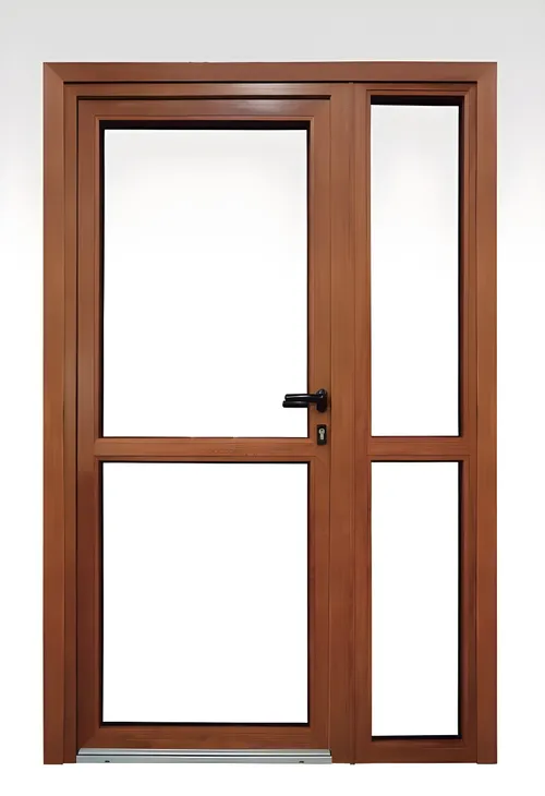 Puerta vidriada con travesaño y paño fijo lateral, color roble dorado