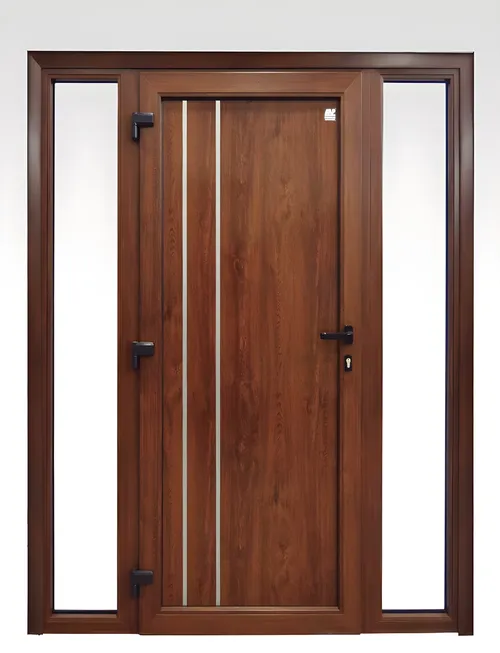 Puerta con paños fijos, color nogal