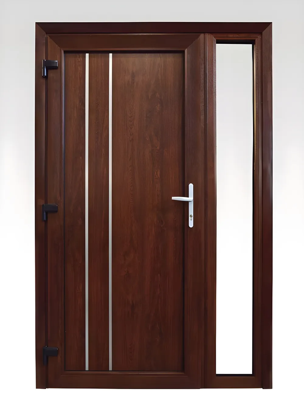 Puerta con paño fijo lateral, panel pampa con acentos verticales, color nogal
