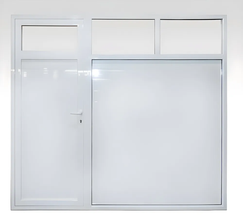 Portón levadizo aluminio Línea Módena con puerta de escape, color blanco