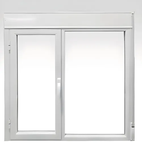 Ventana de rebatir con paño fijo y cajón compacto, color blanco brillante