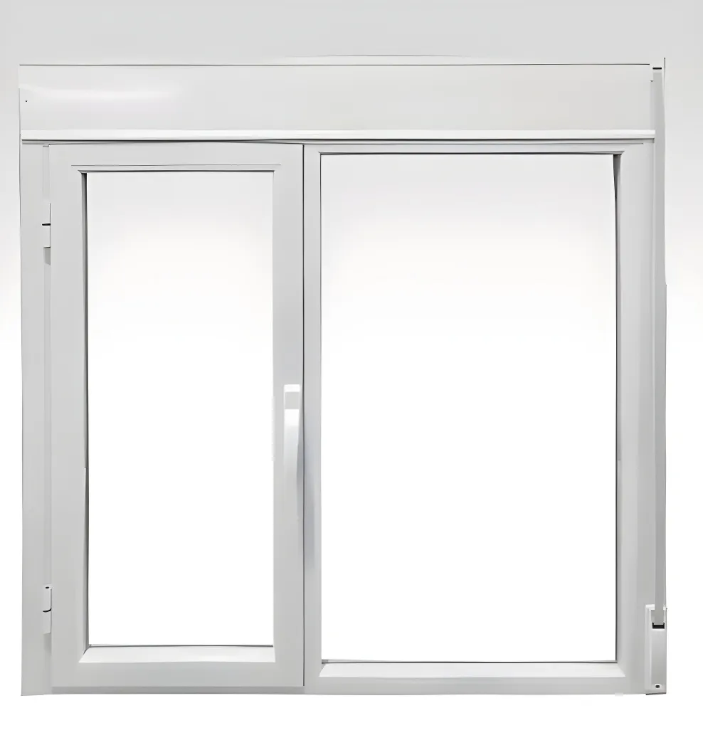 Ventana de rebatir con paño fijo y cajón compacto, color blanco brillante