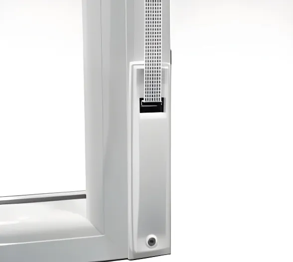 Ventana de rebatir con paño fijo y cajón compacto, color blanco brillante (detalle)