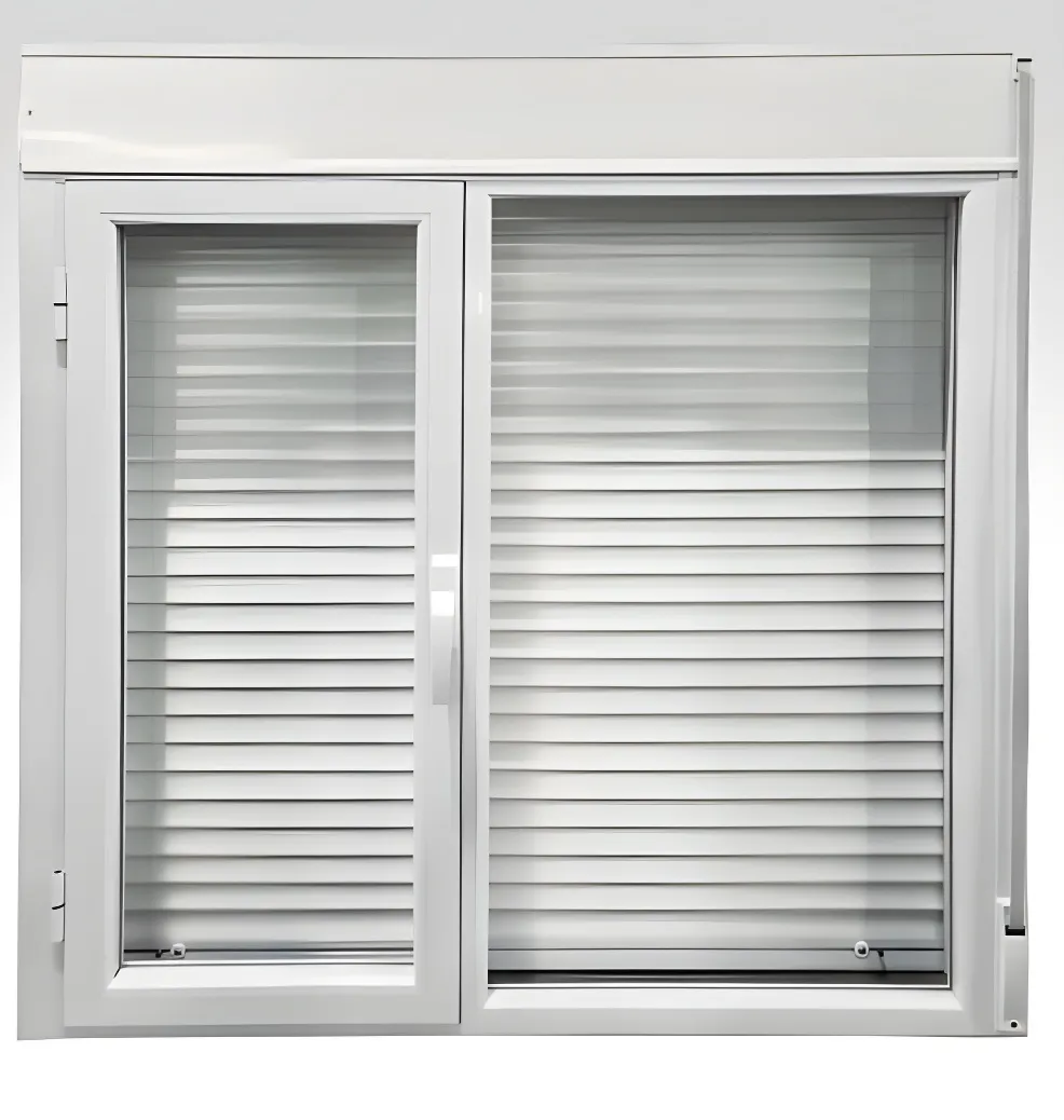 Ventana de rebatir con paño fijo y cajón compacto, color blanco brillante (detalle)